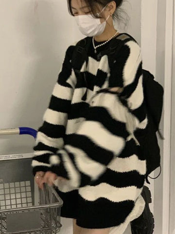 Getadme-Harajuku Striped Oversized Sweater Women Vintage Hollow Out Knitted Jumper Korean Casual Pullover Tops Y2K Streetwear